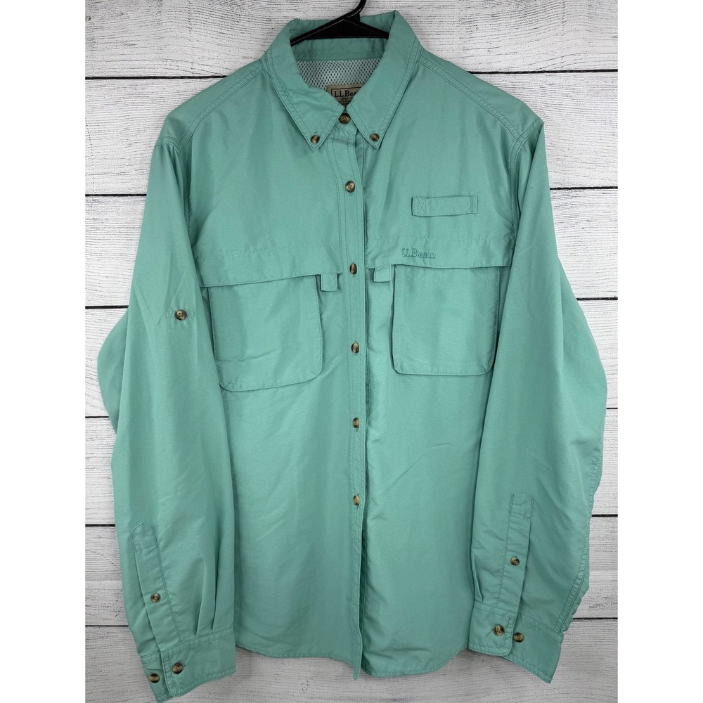 LL Bean Womens‎ Large Green Long Sleeve Fishing Button Down Shirt Top